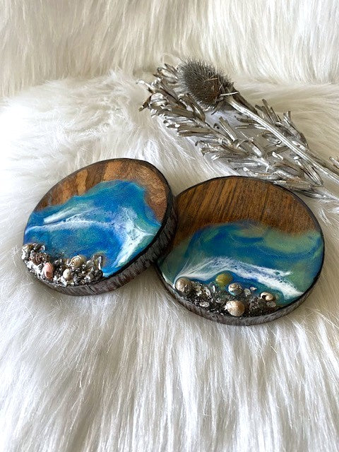 Sea Resin coaster on wood pattern (Pair)