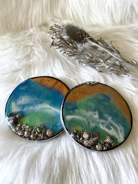 Sea Resin coaster on wood pattern (Pair)